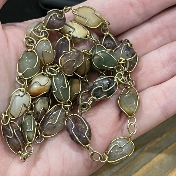 Vintage Artisan Wire Wrapped Semi Precious Stone Cage Necklace Handmade - Picture 3 of 9